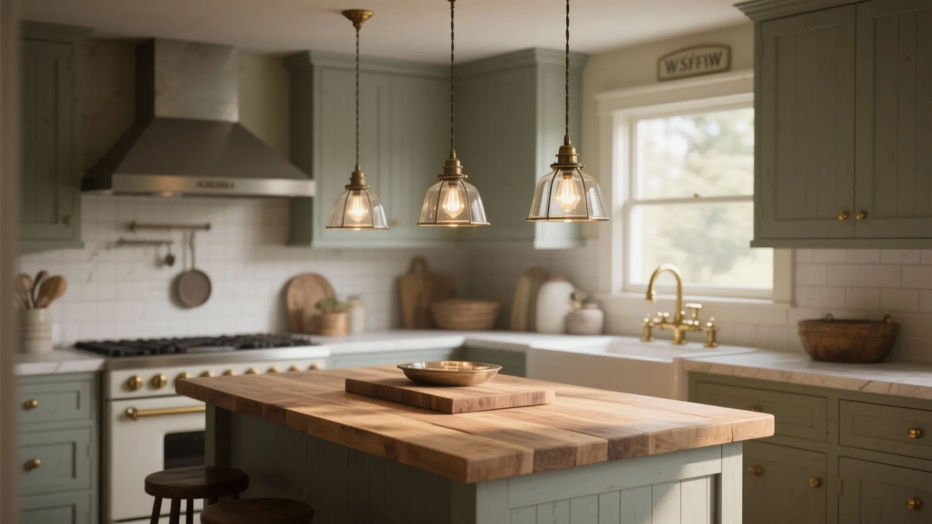 Three glass ceiling lights hanging over a wooden kitchen island in a green themed room