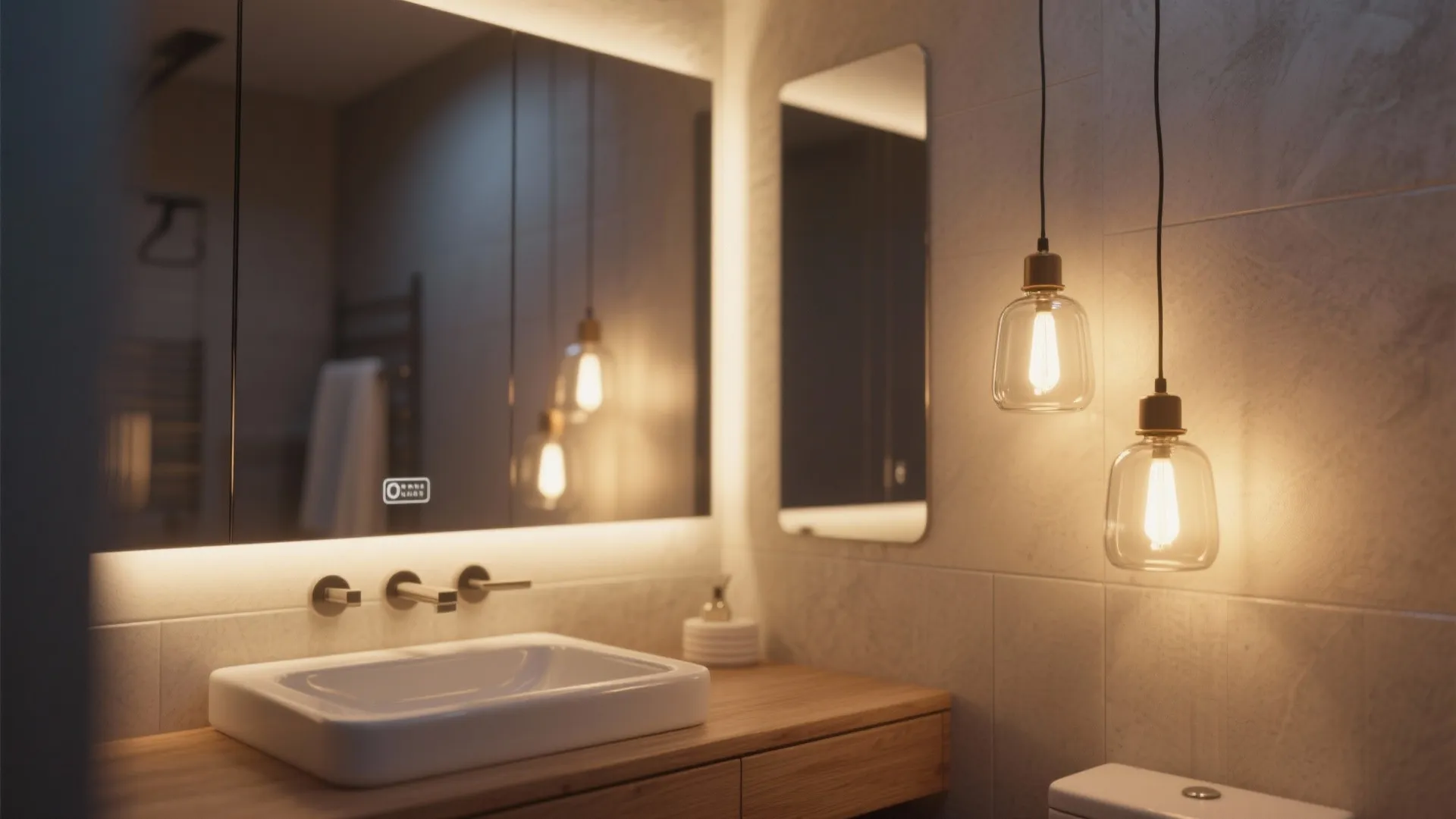 Modern bathroom with hanging glass light fixtures wooden cabinet white sink and large lighted mirror