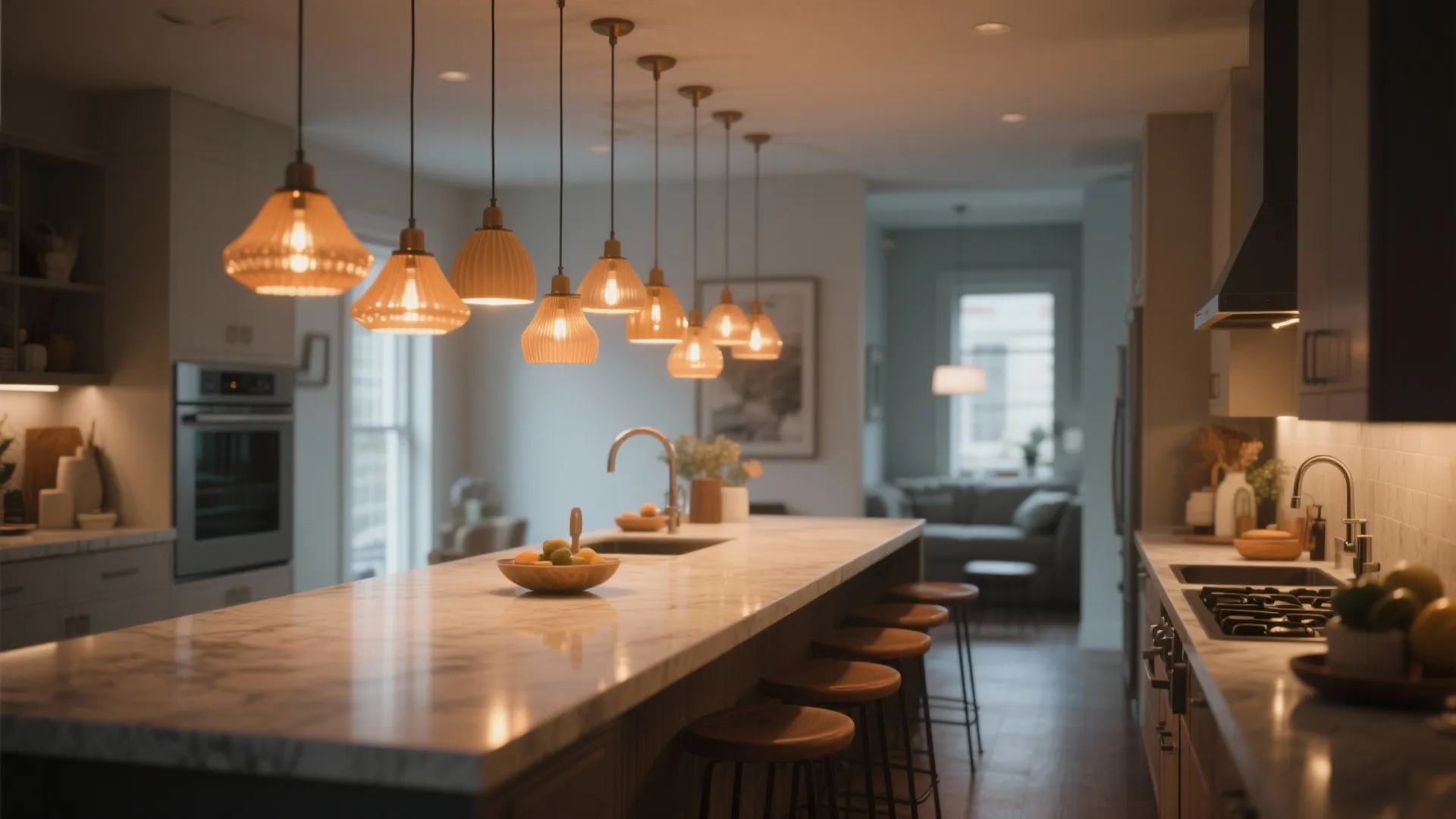 Marble kitchen island with several hanging ceiling light fixtures wooden stools and open plan living room