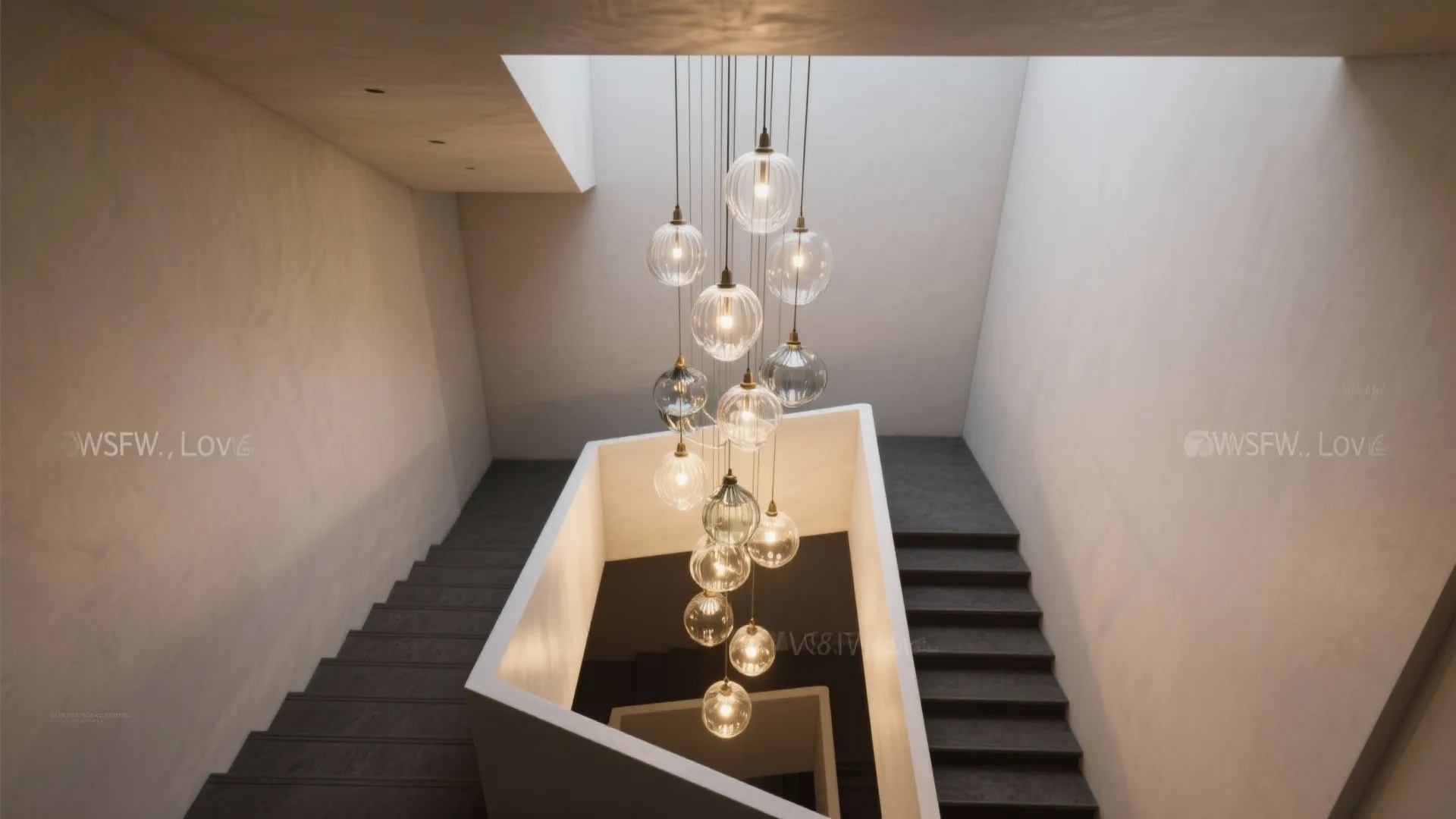 Modern white staircase featuring many hanging glass globe ceiling lights in a bright spacious home