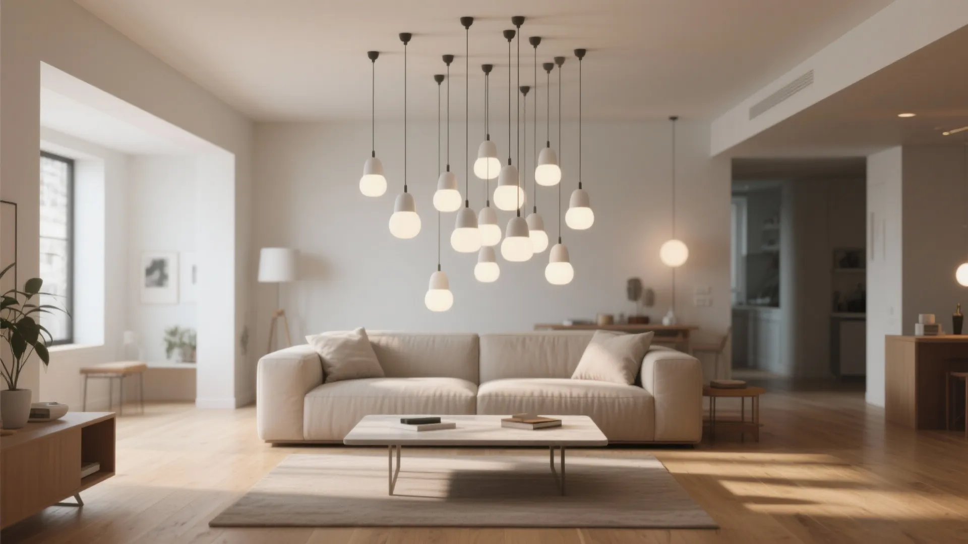 3. White pendant clustered over a coffee table