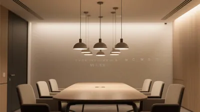 Modern Conference Room with Warm Pendant Lighting