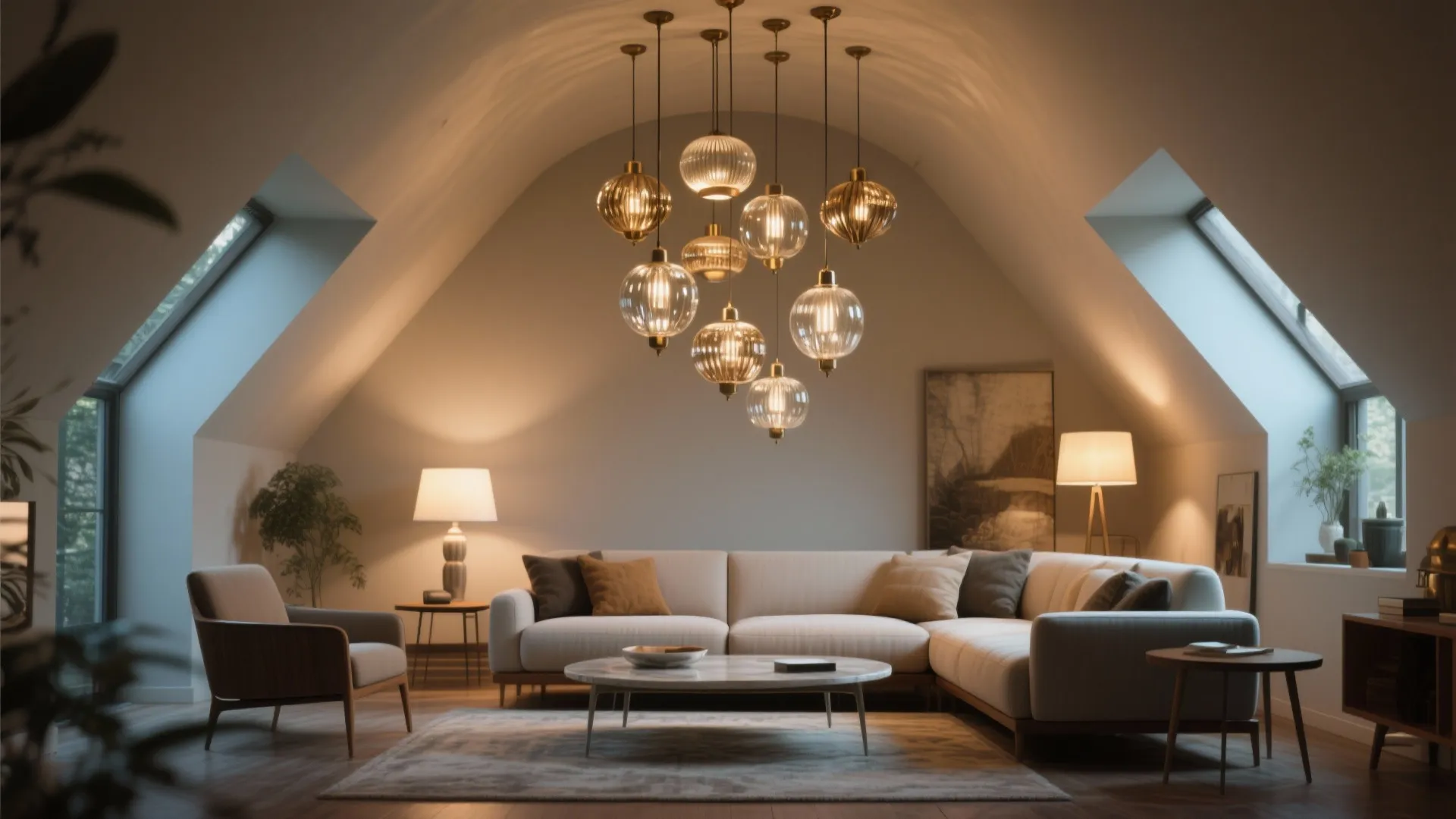 2. Decorative pendants to anchor seating zones