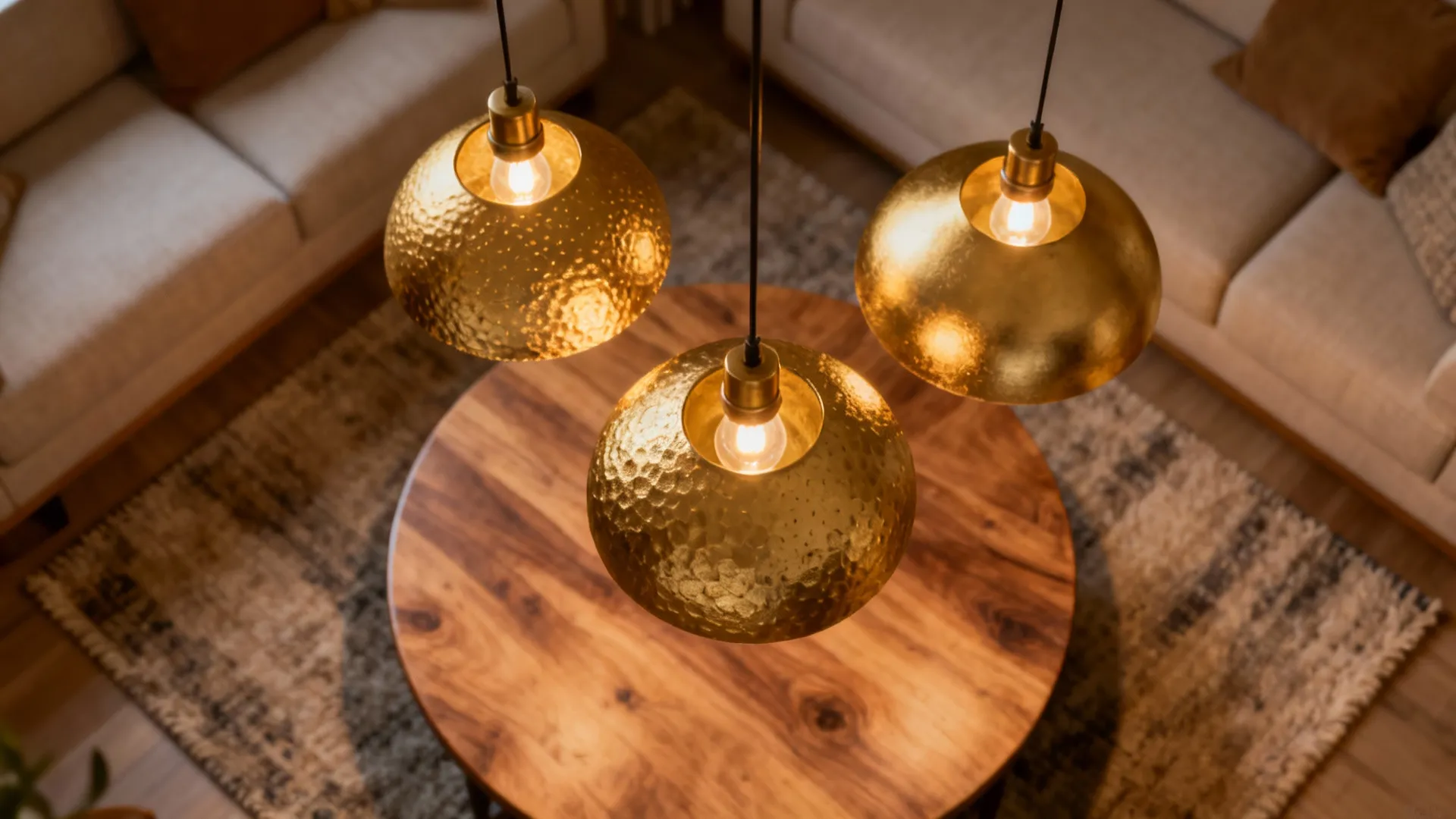 Three mismatched pendant lights clustered over a round coffee table creating a focal nook