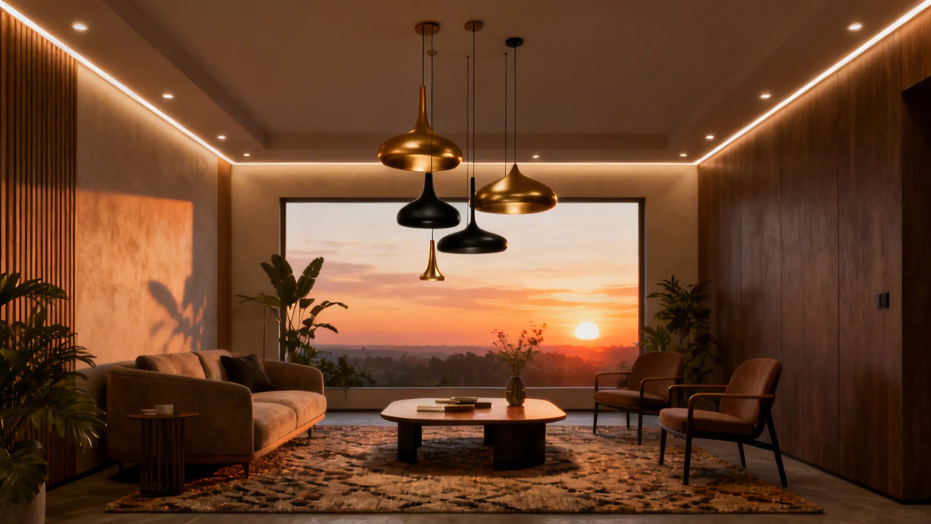 Sculptural pendant cluster above a coffee table with mixed finishes and recessed perimeter lights