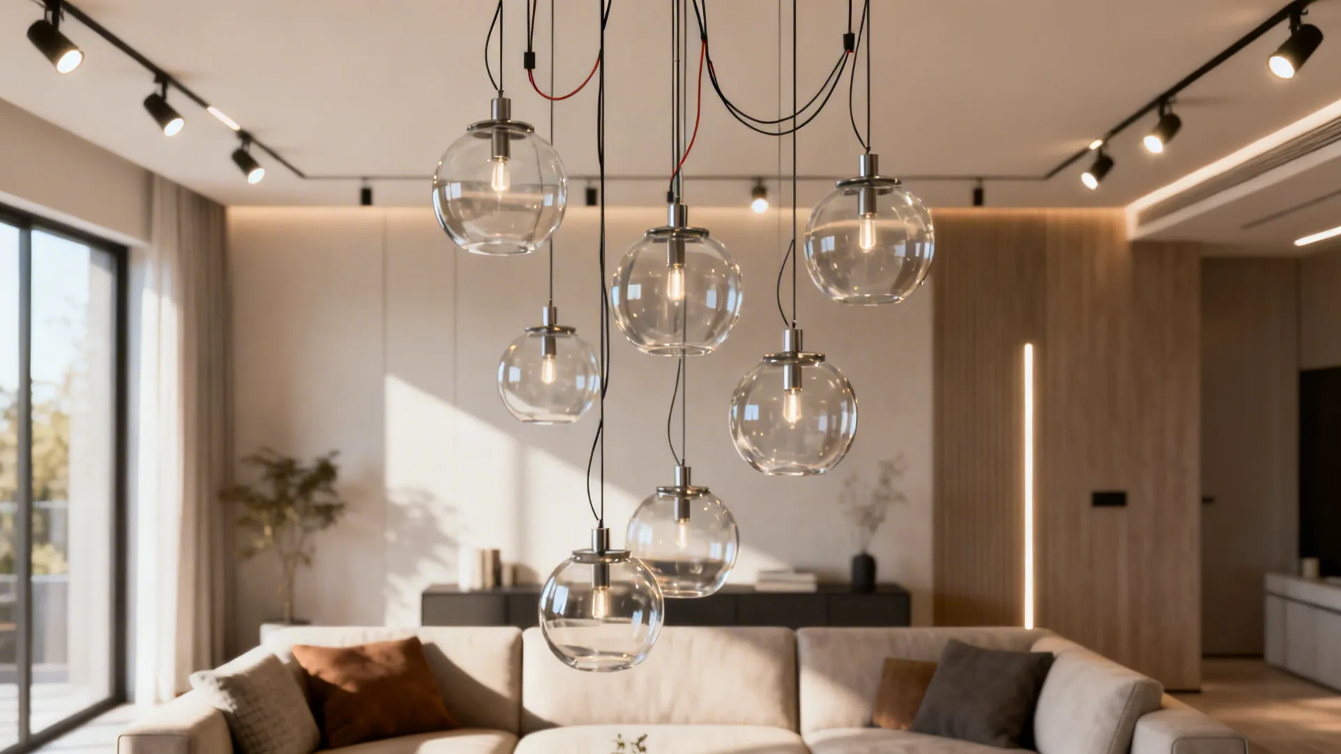 Contemporary living room with staggered-height pendant cluster above the seating grouping.