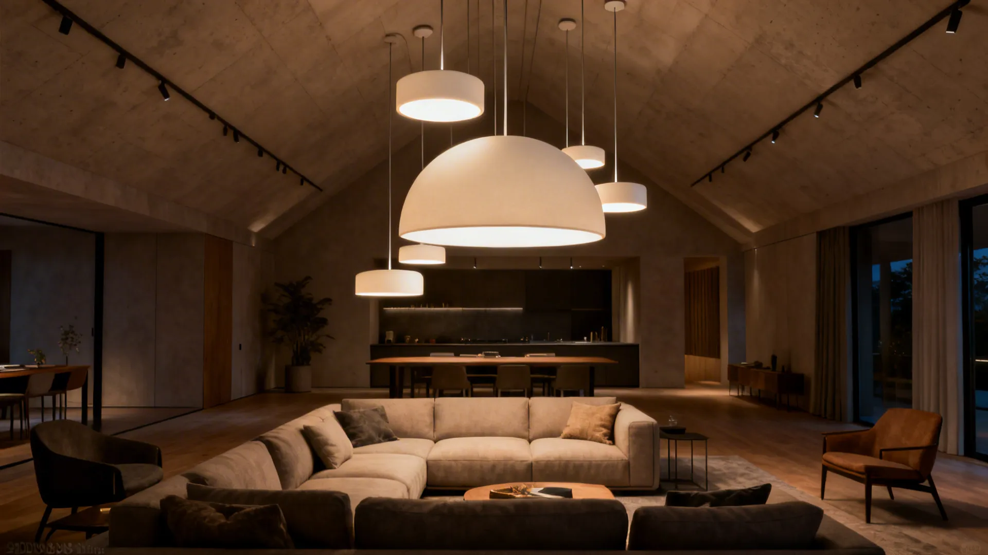 Staggered pendant cluster over seating area in a tall living room, showing scale and warmth.