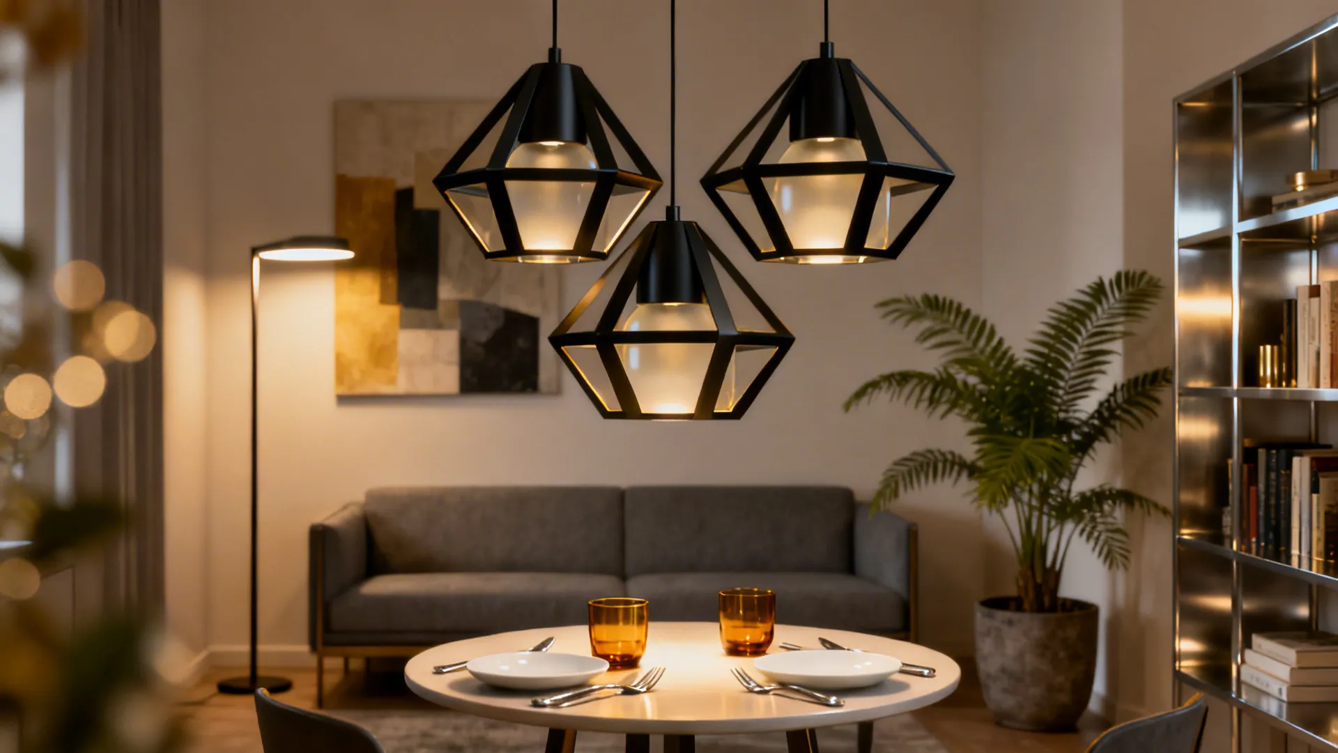 Statement pendant trio over a compact dining table creating a distinct focal zone