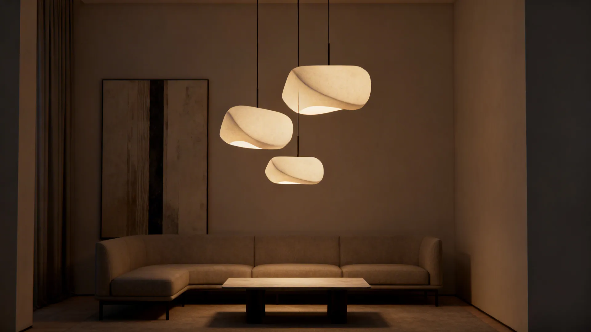 Three asymmetrical pendant lights clustered above a coffee table in a small living room, adding height and focus.
