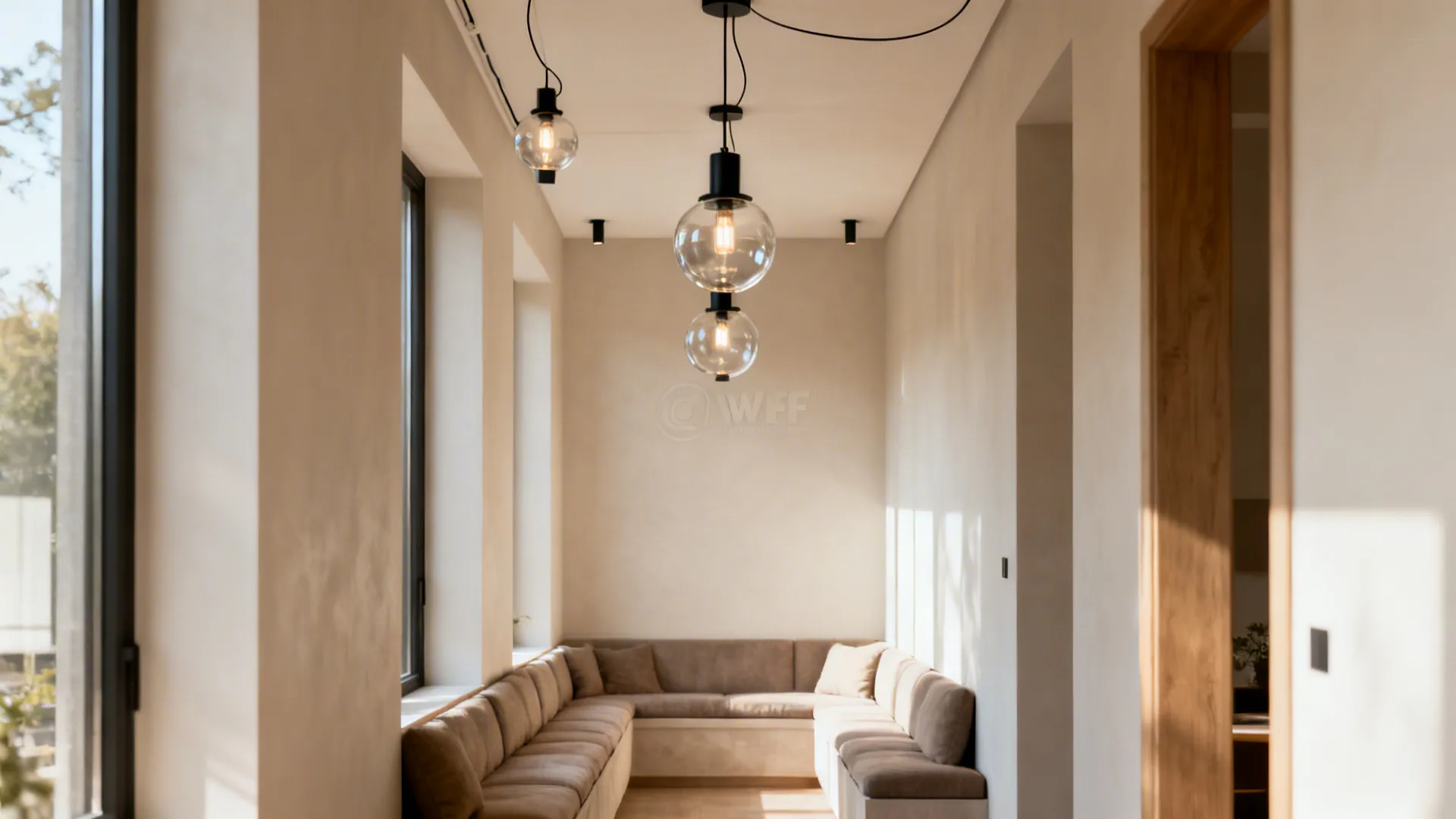 Narrow hallway with long tan sofa and round glass ceiling light fixtures under natural light