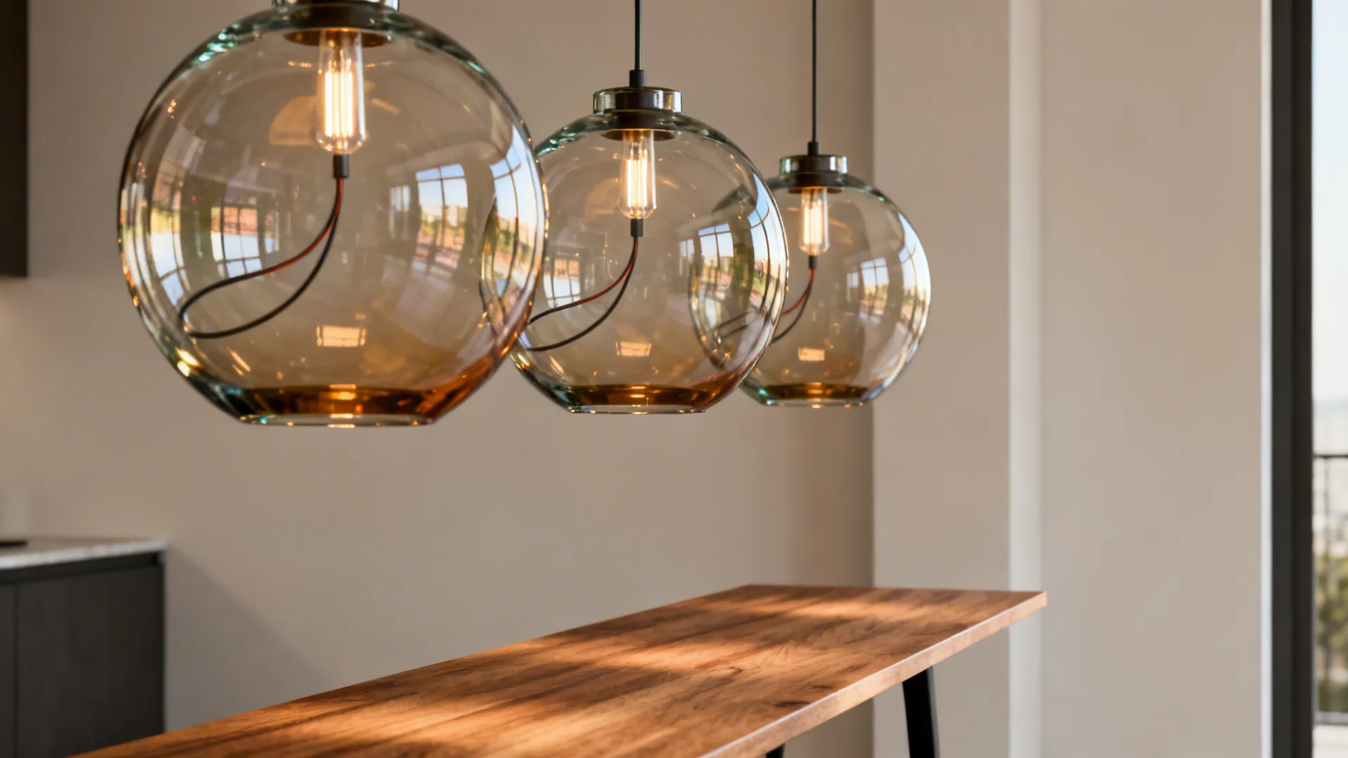 Trio of glass pendant lights at staggered heights above a narrow dining table