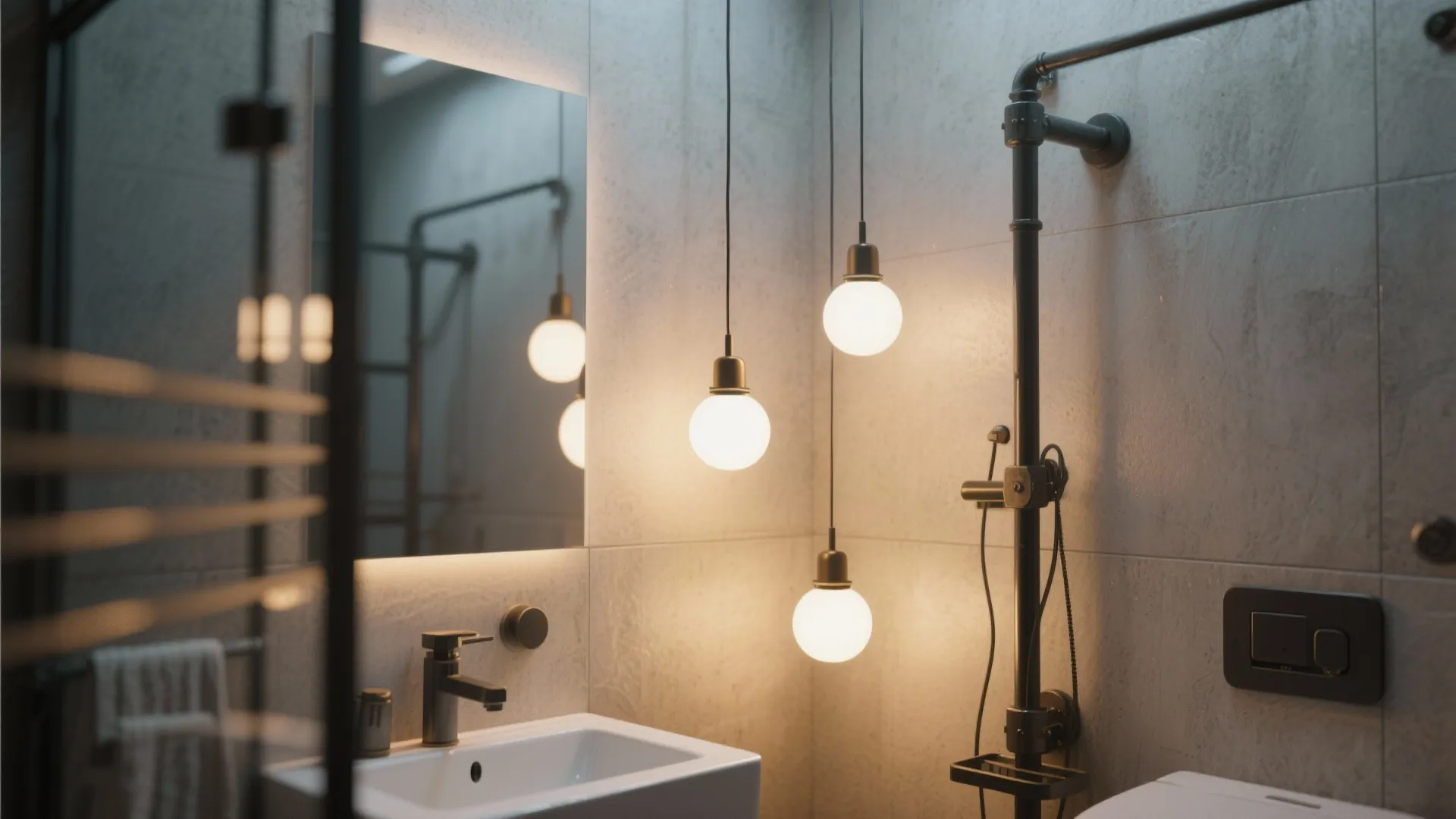 Cluster of three pendant lights in bathroom corner