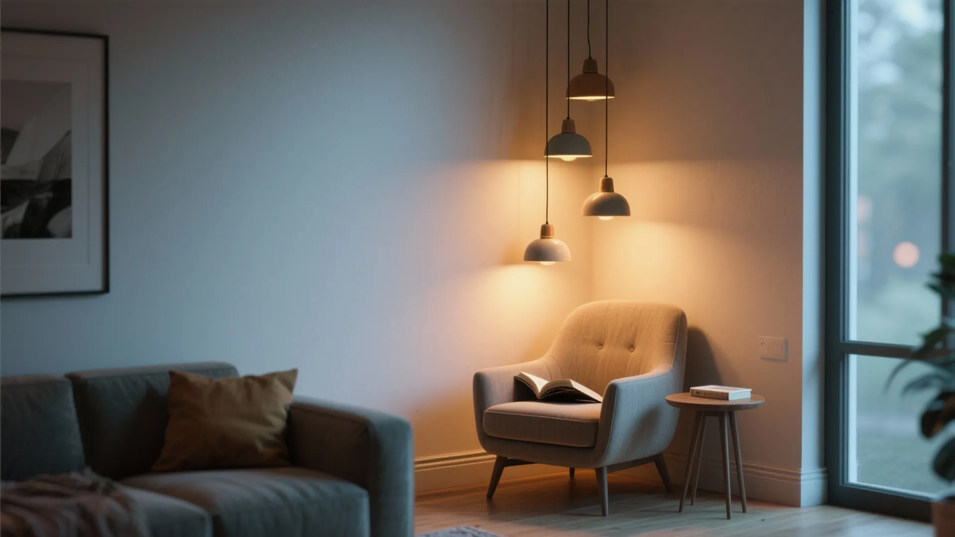 Cozy reading corner with grey armchair and four warm ceiling light fixtures hanging from above