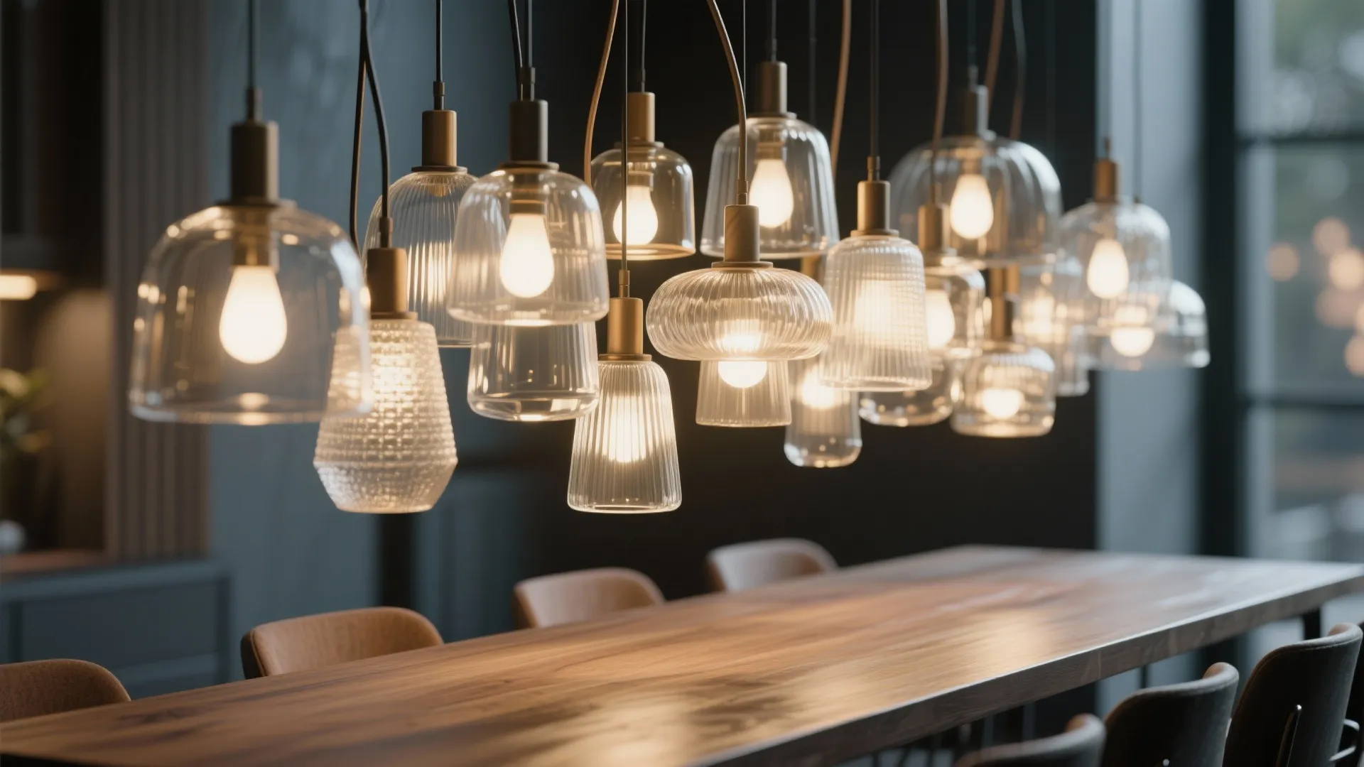 Multiple glass ceiling light fixtures hanging over a long wooden dining table in modern home