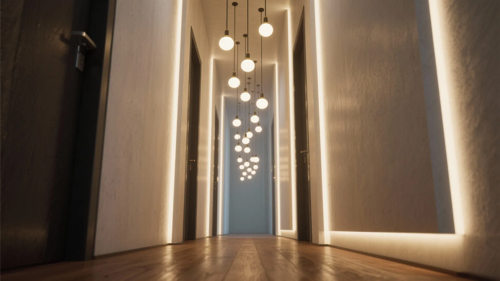 Tall hallway with staggered pendant cluster creating vertical interest and focal drama.