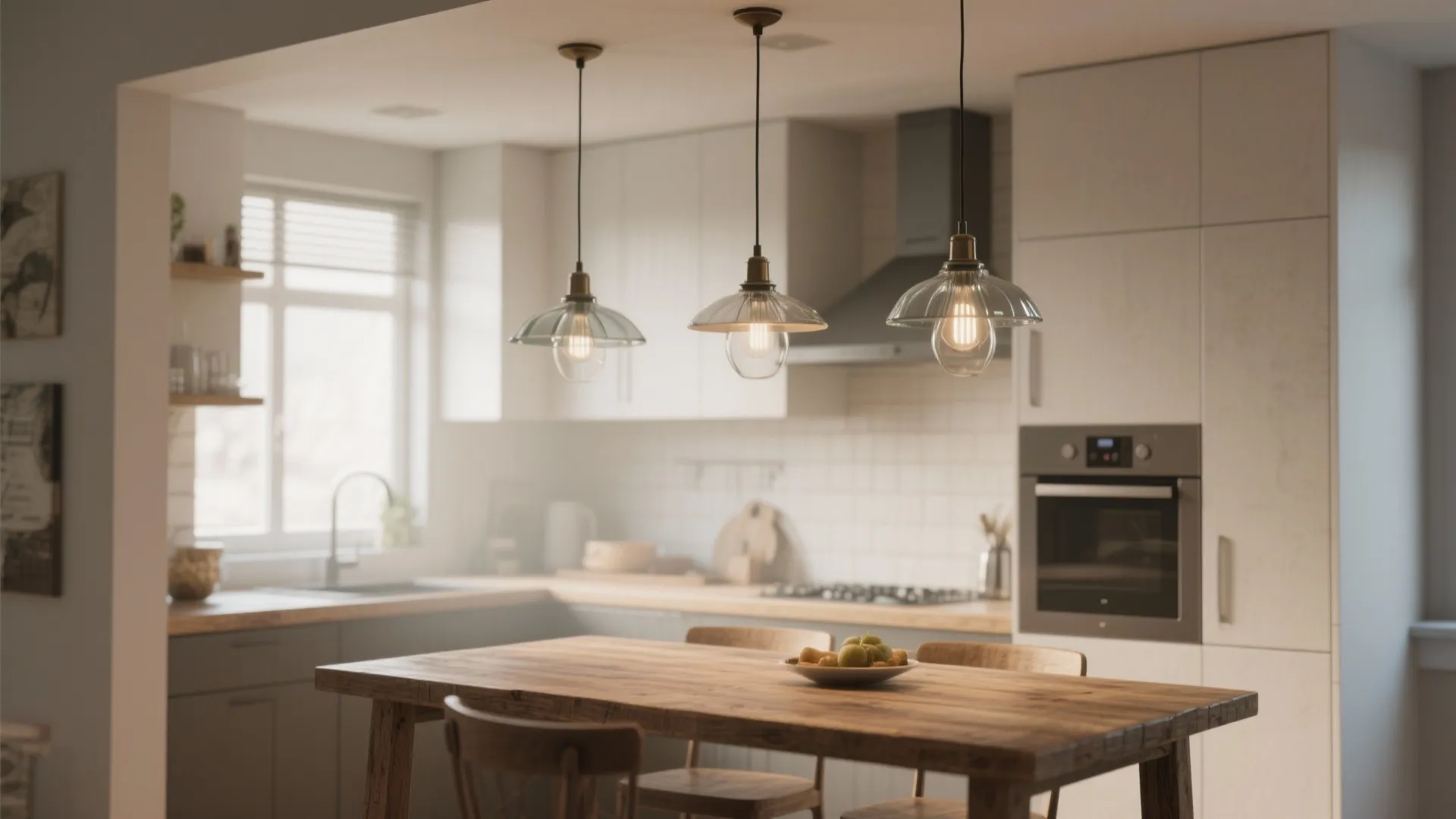 Three glass ceiling lights hanging over a wooden dining table in a modern white kitchen