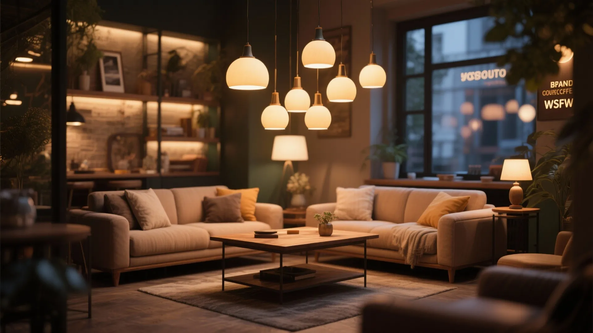 Pendant cluster lighting above coffee table in cozy living room