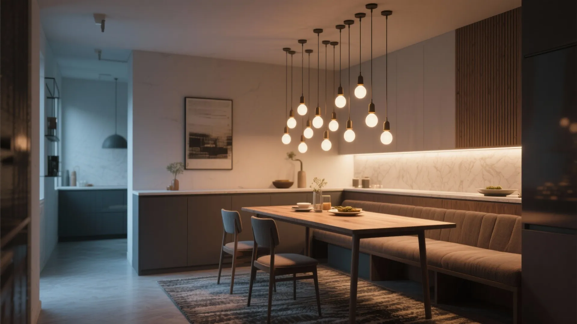 Cluster of staggered small pendants over a narrow dining table creating intimate light pools