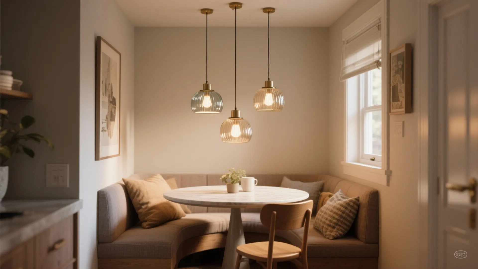 Small dining area with rounded sofa seating three glass ceiling light fixtures and marble top table