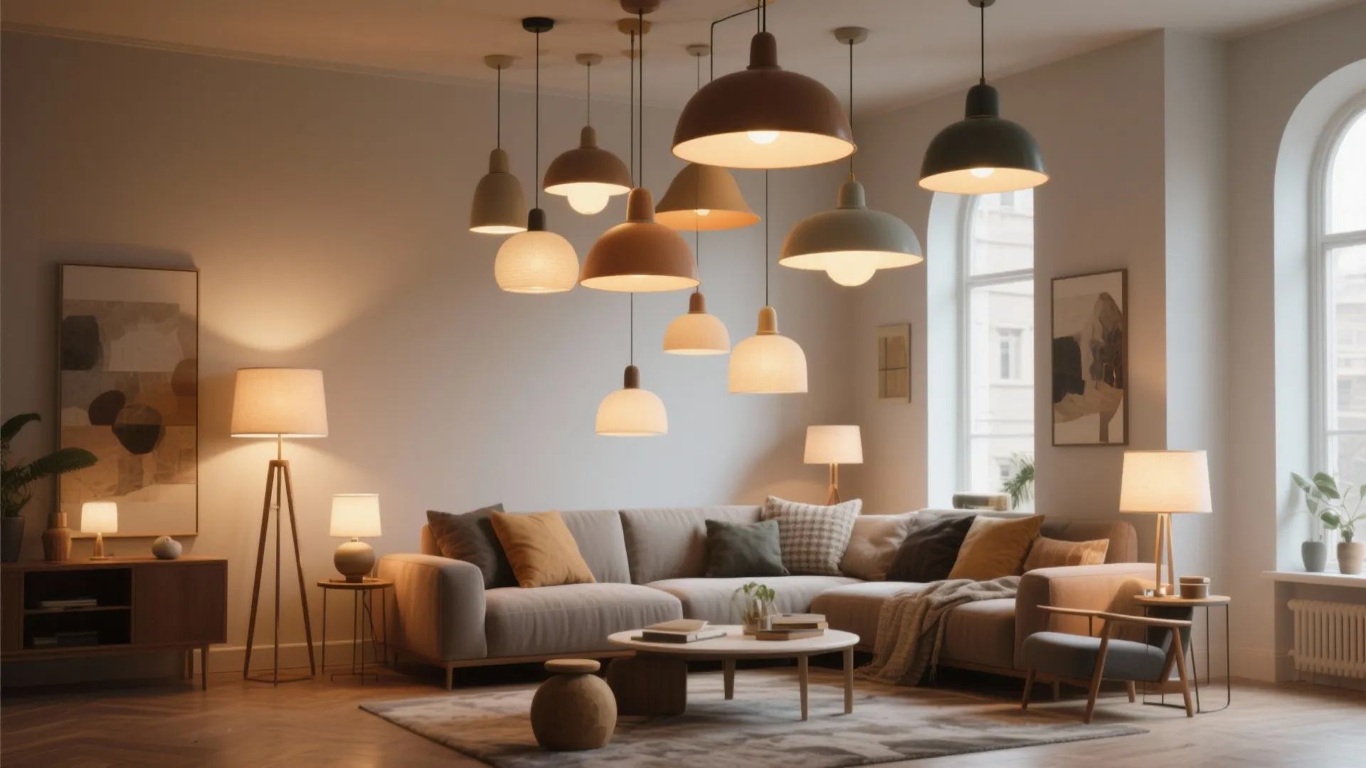 4. Layered height with pendant clusters and mini-lamps