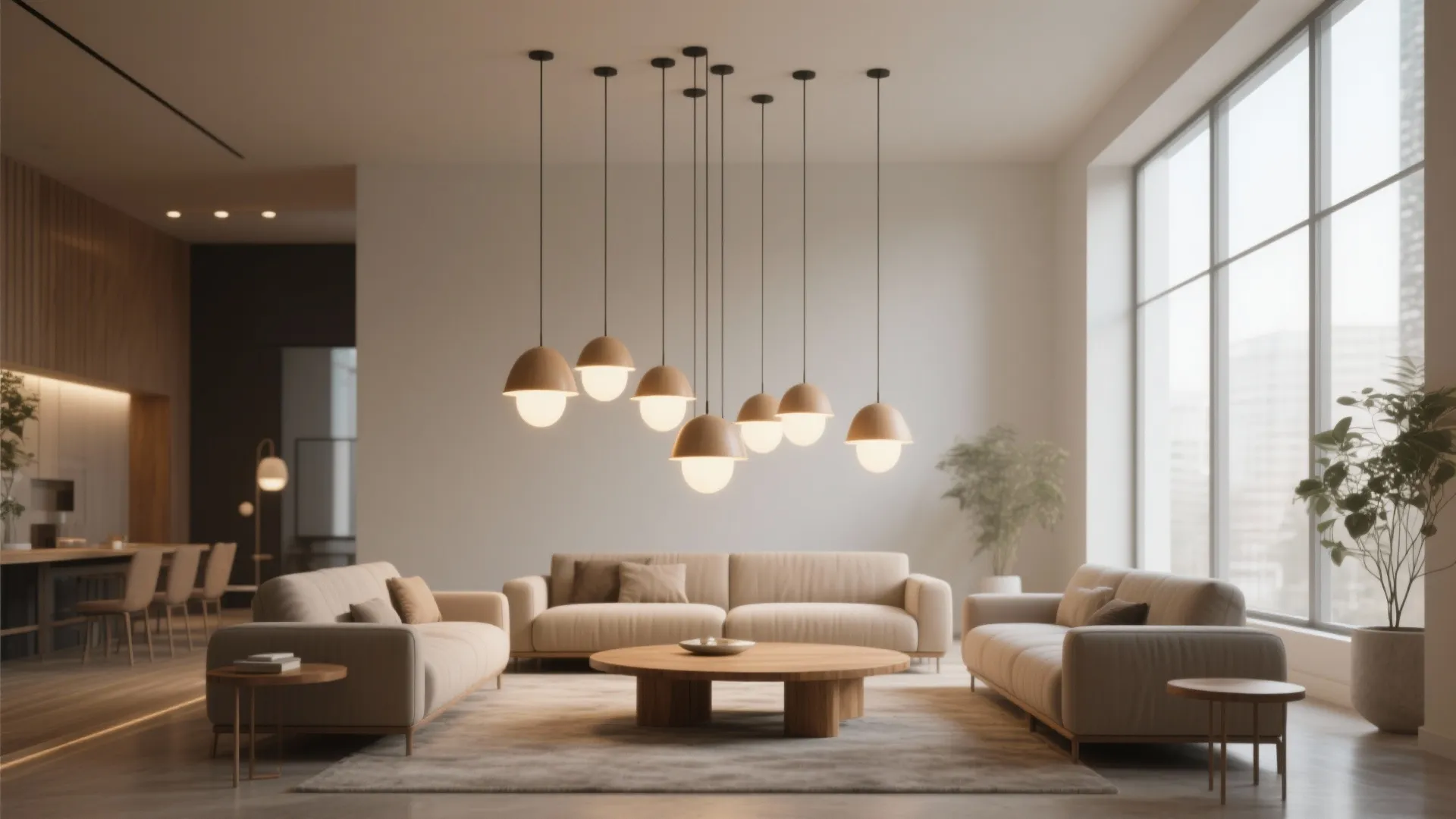 3. Long pendant clusters over seating