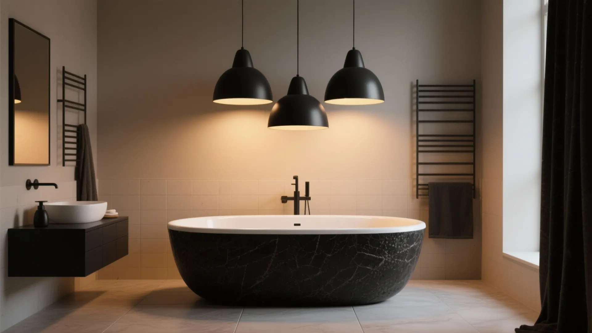 3. Black pendant cluster over freestanding tubs