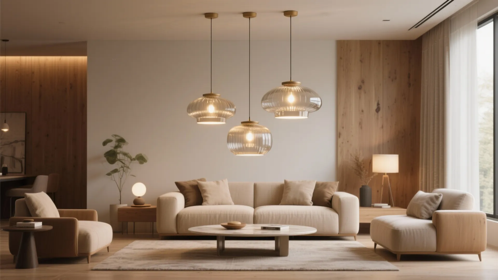 Modern warm living room with beige sofa three glass ceiling lights marble table and wood walls