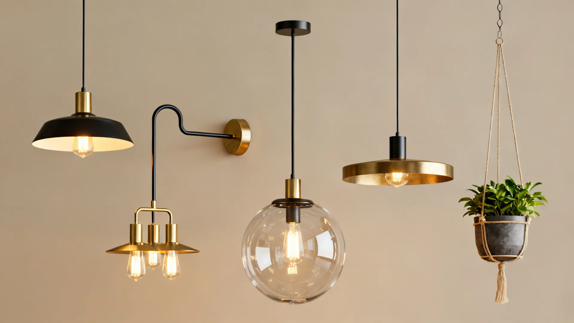 Modern gold and black ceiling lights and wall light beside a hanging green potted house plant
