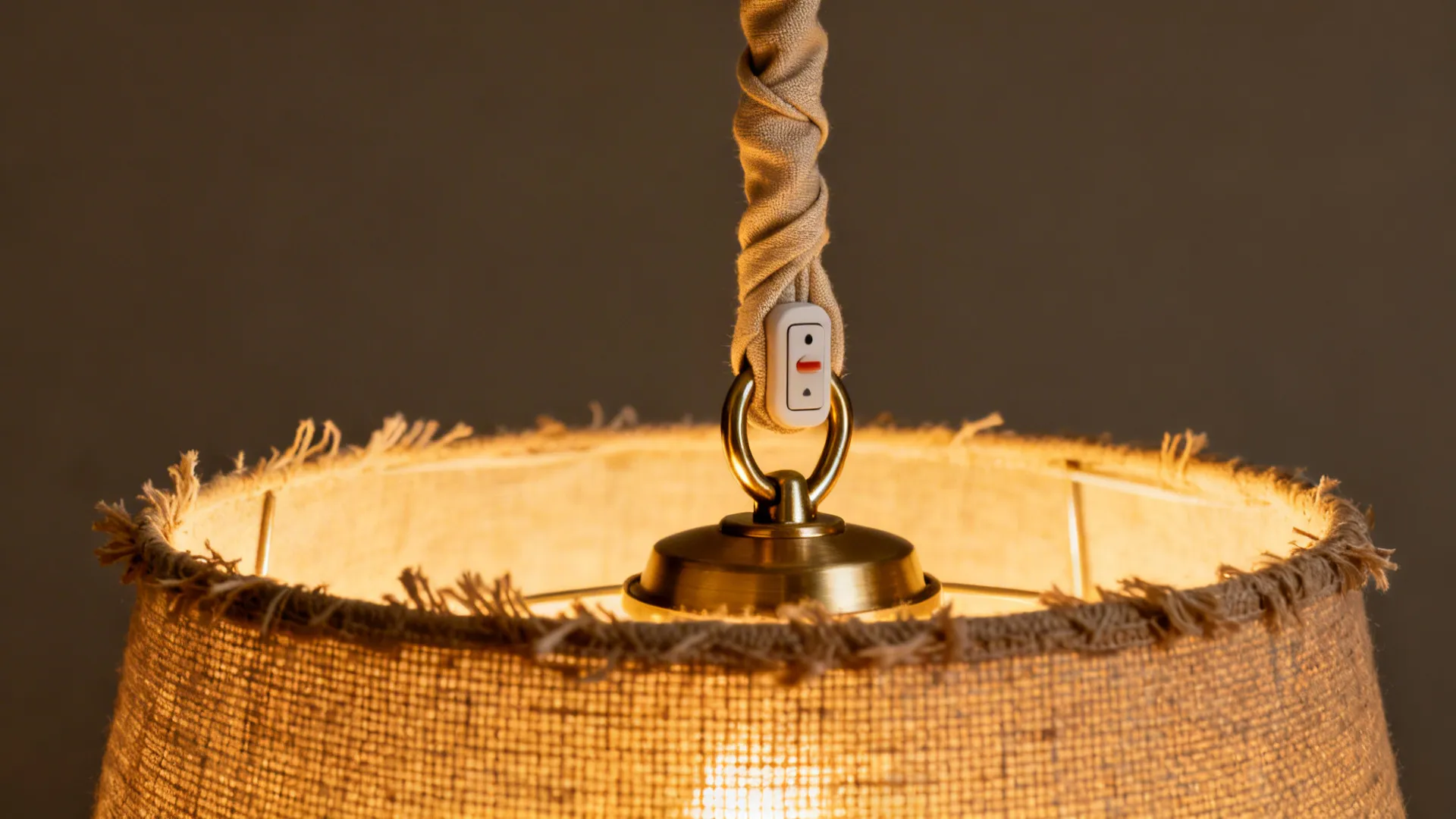 Close-up of a fabric-covered plug-in pendant cord with a neat hook and inline dimmer.