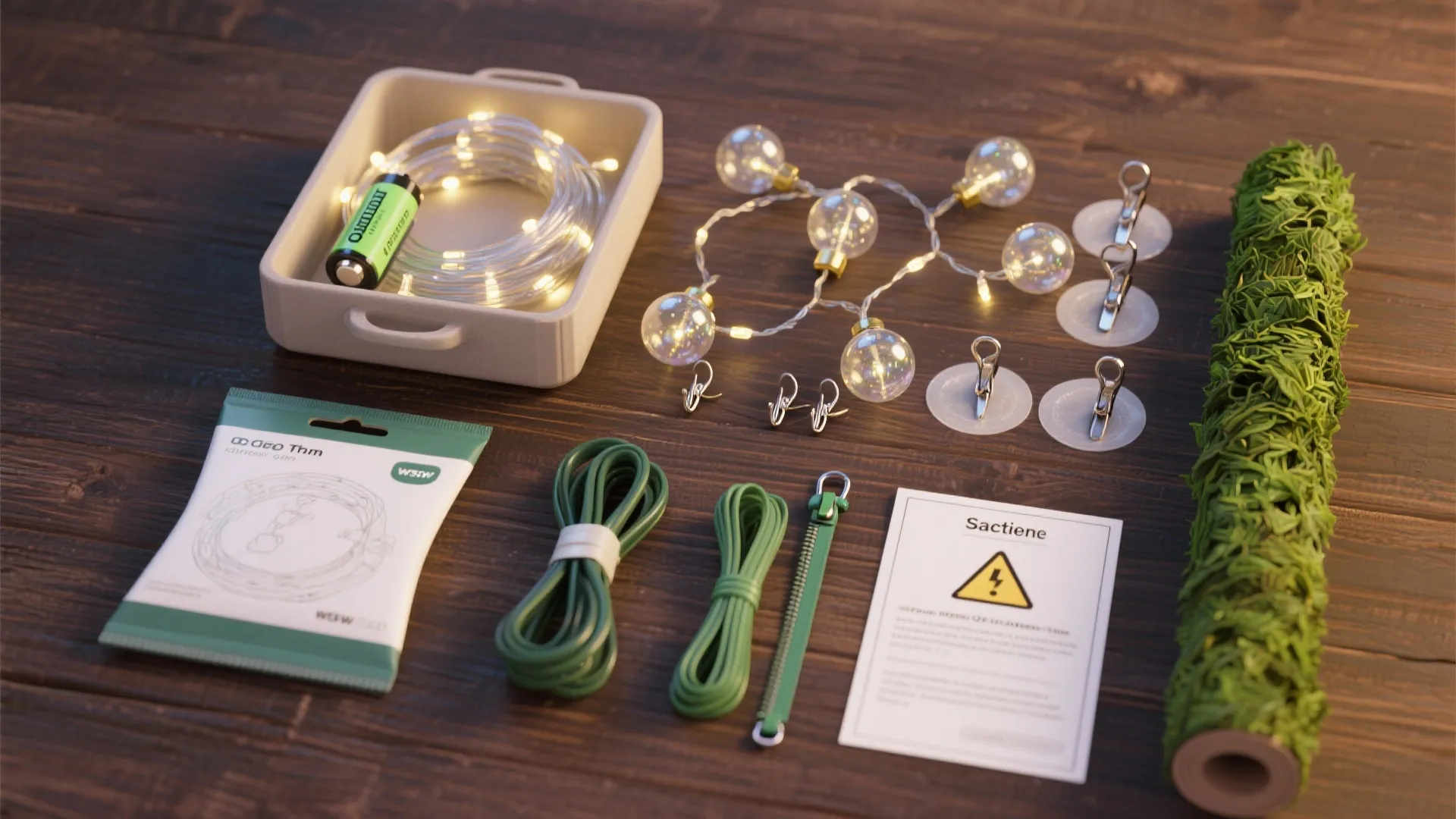 Decoration tool kit including string lights green wire clips and artificial greenery on dark wood