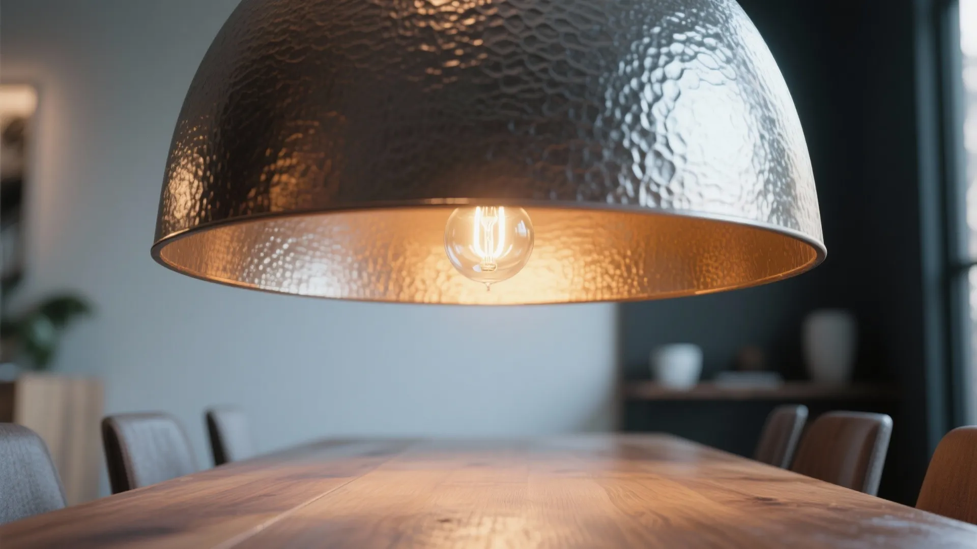 Close-up of a pendant lamp's textured shade and warm LED glow above a wooden table.