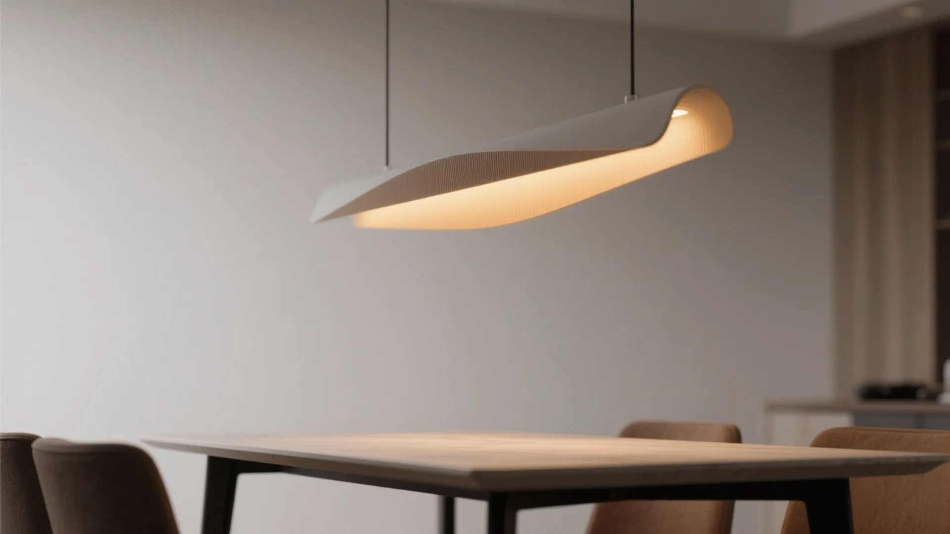 Slim sculptural pendant casting warm light over a small dining table