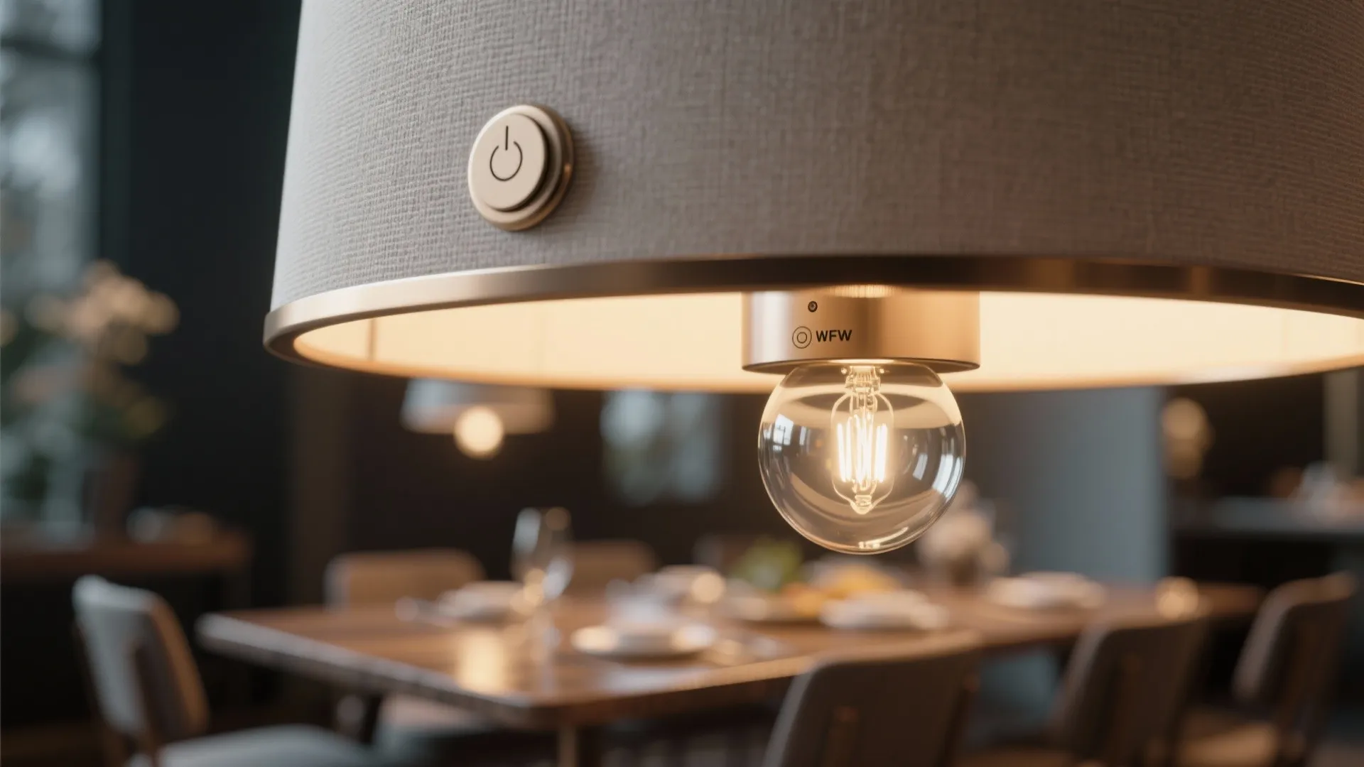 Close up of a ceiling light fixture showing a glass bulb and a power button