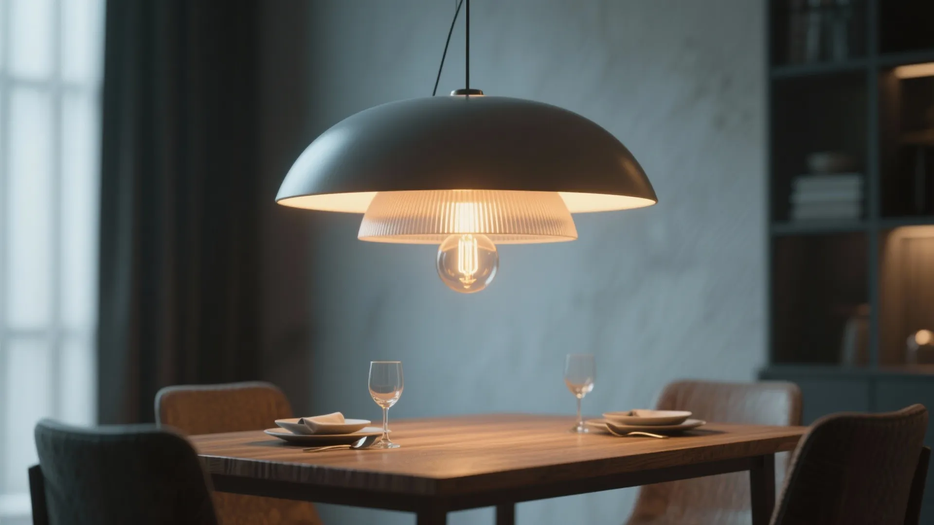 Modern black ceiling light hanging over a wooden dining table with wine glasses and plates