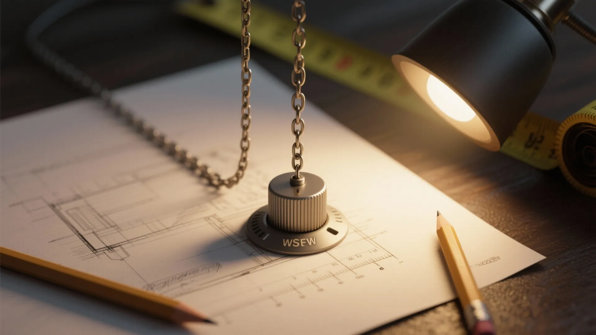 Close up of light control dial on floor plan drawing with pencils and measuring tape tools