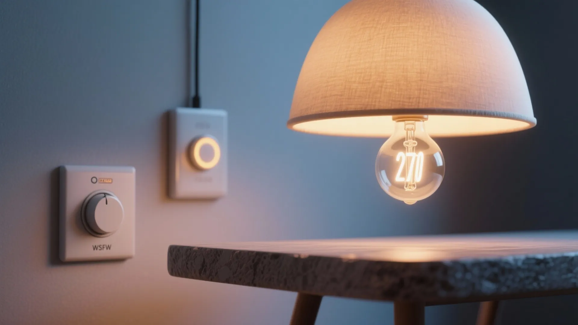 Close up of a ceiling light with glowing bulb beside a wall light dimmer switch