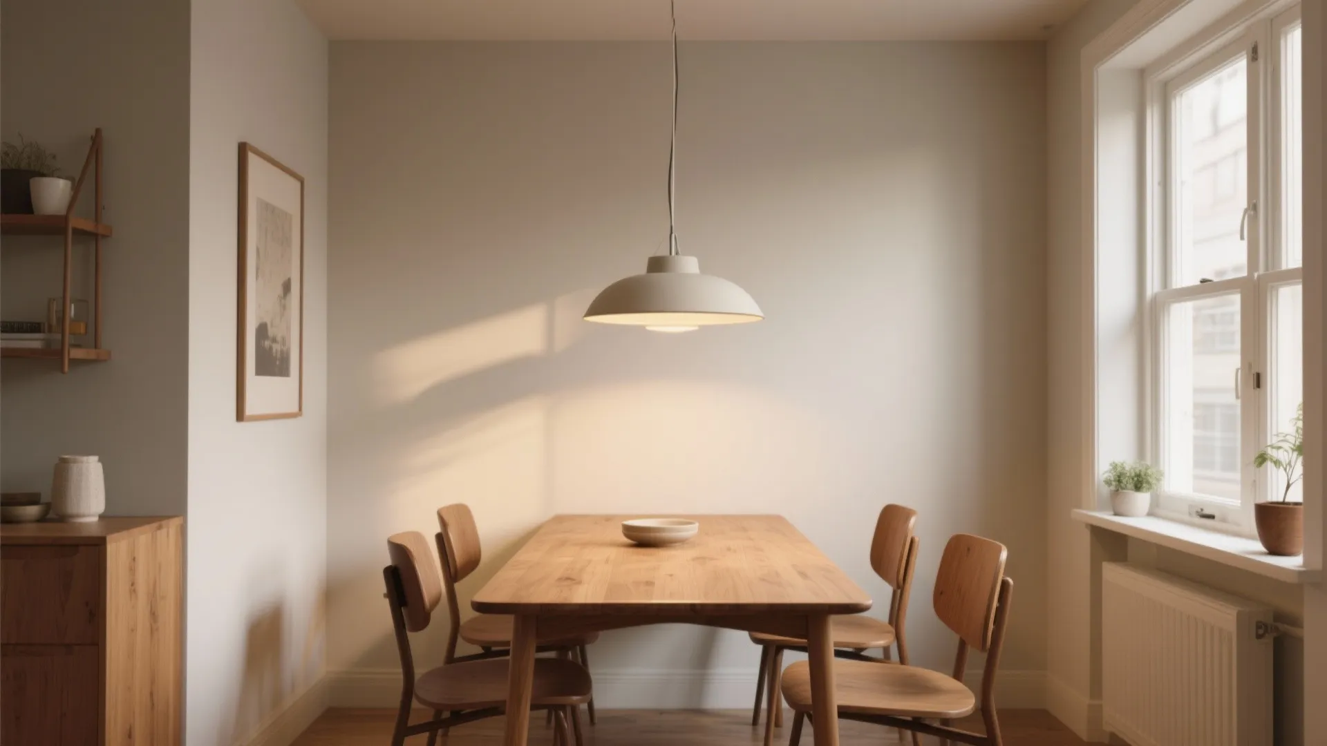 Minimalist dining room with wooden table and chairs plus one beige ceiling light hanging down