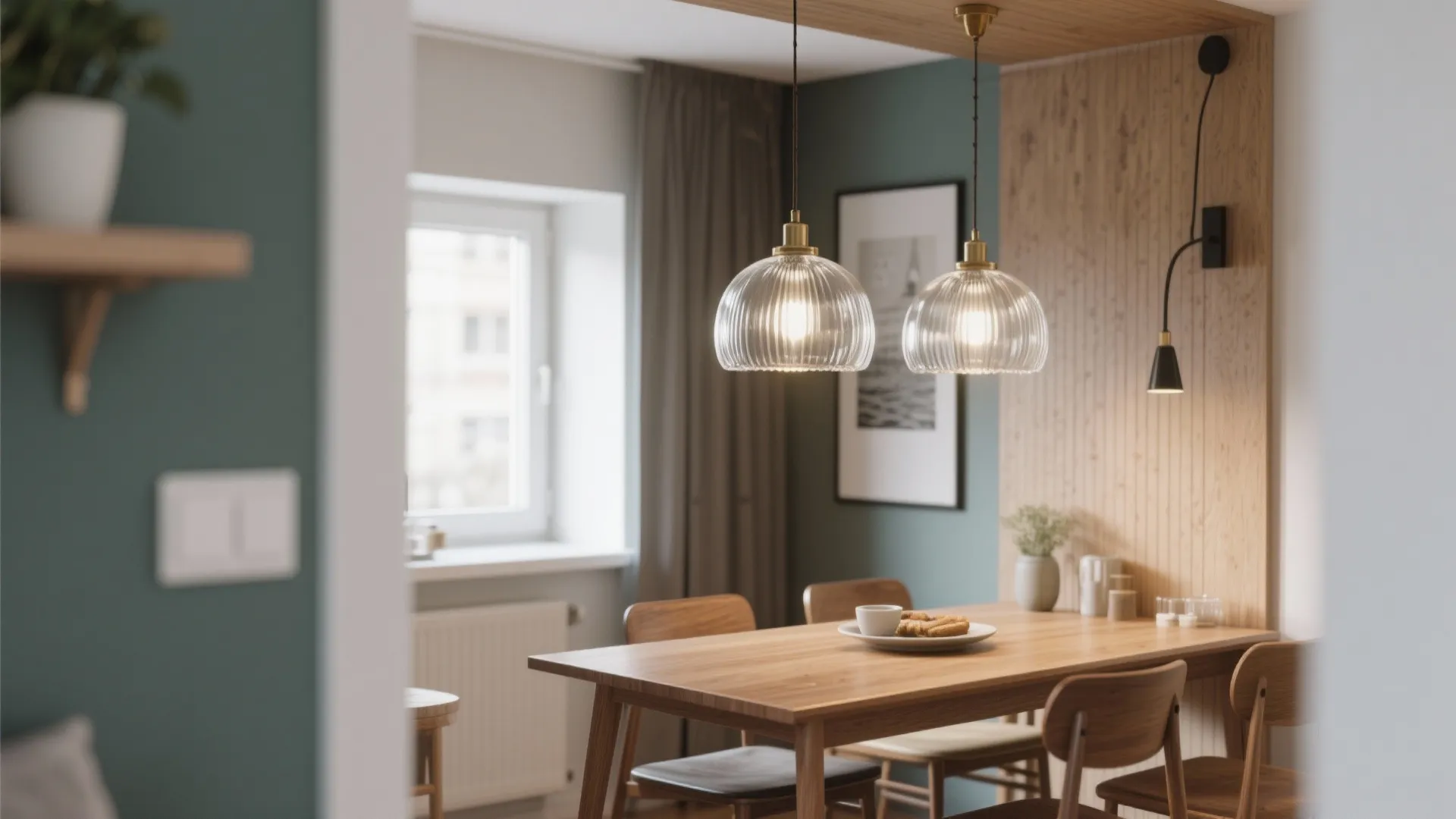 Dining area with wooden table glass ceiling light wall light green walls and wood panel decor