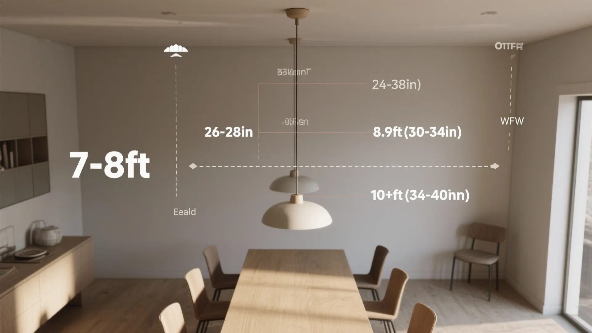 Information graphic showing height measurements for a ceiling light over a wooden dining room table