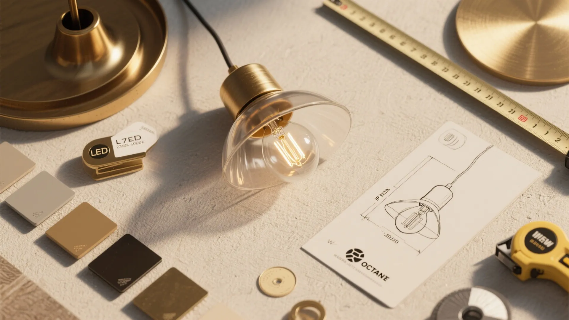 Design flat lay with a glass light fixture paper drawing color samples and yellow tape