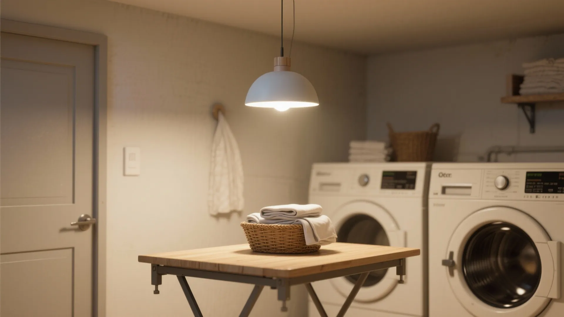 Small LED pendant over a folding table creating focused task light in a laundry room
