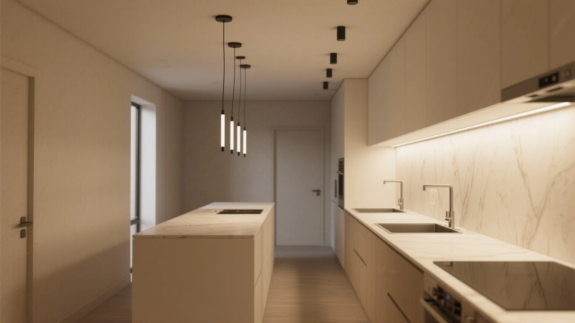 Modern minimal kitchen with white cabinets marble island and hanging light fixtures over wood floor