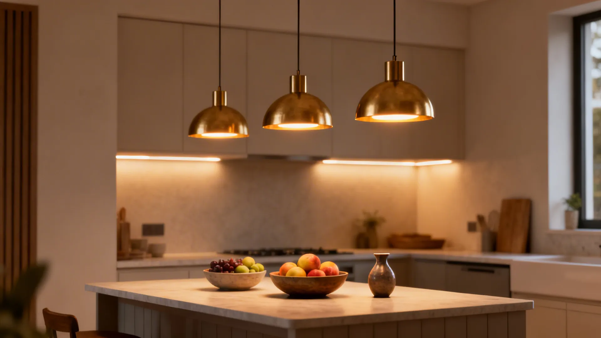 Three brass pendant lights over a small kitchen island creating a warm focal point