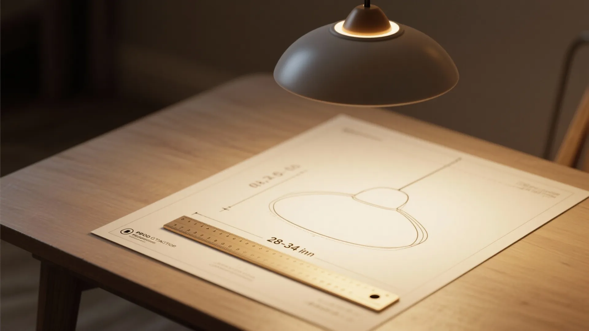 Close-up diagram showing recommended pendant height 28–34 inches above dining table with ruler and silhouette.