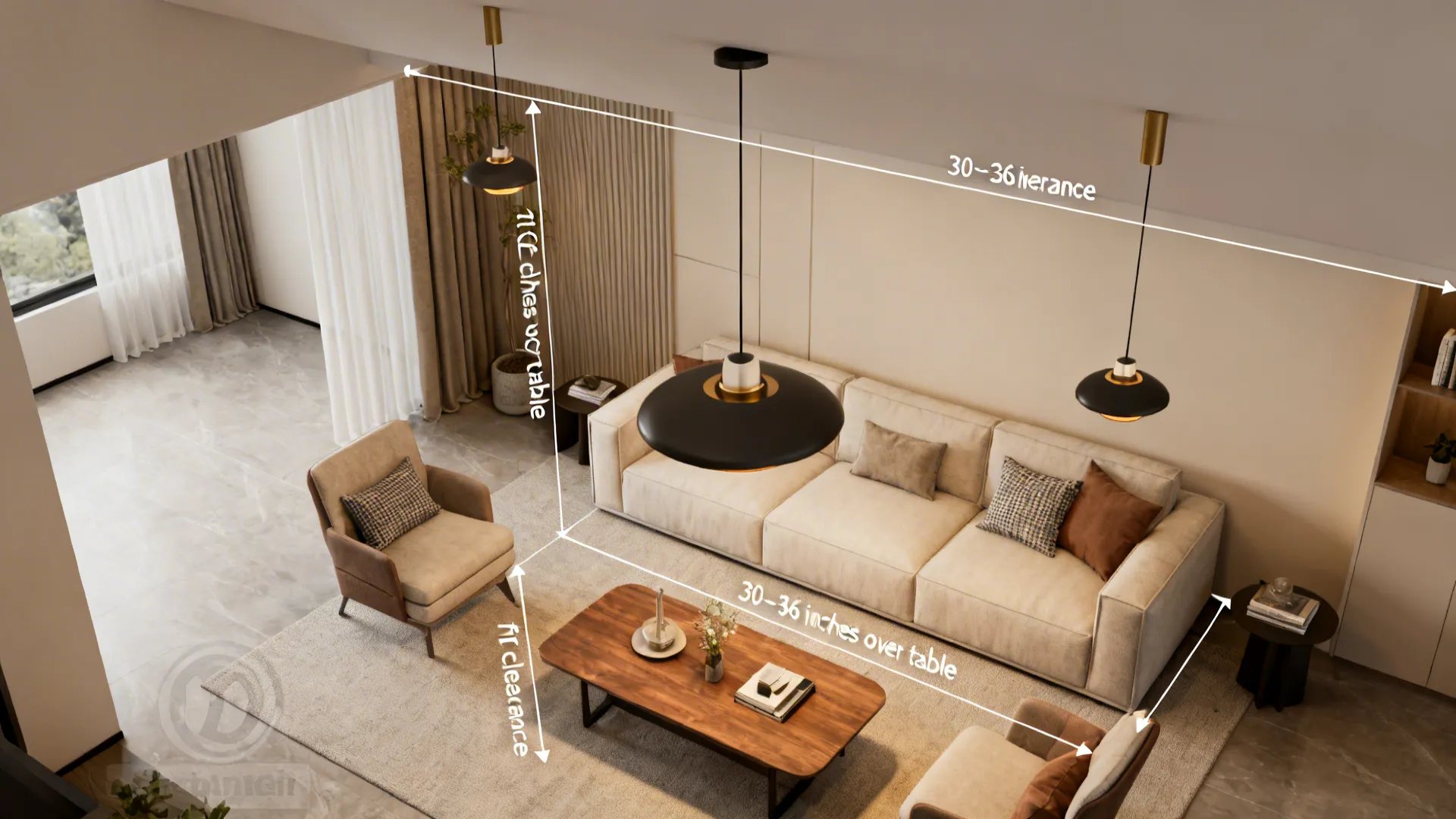 Top-down living room render illustrating recommended pendant heights and clearances over seating and tables.