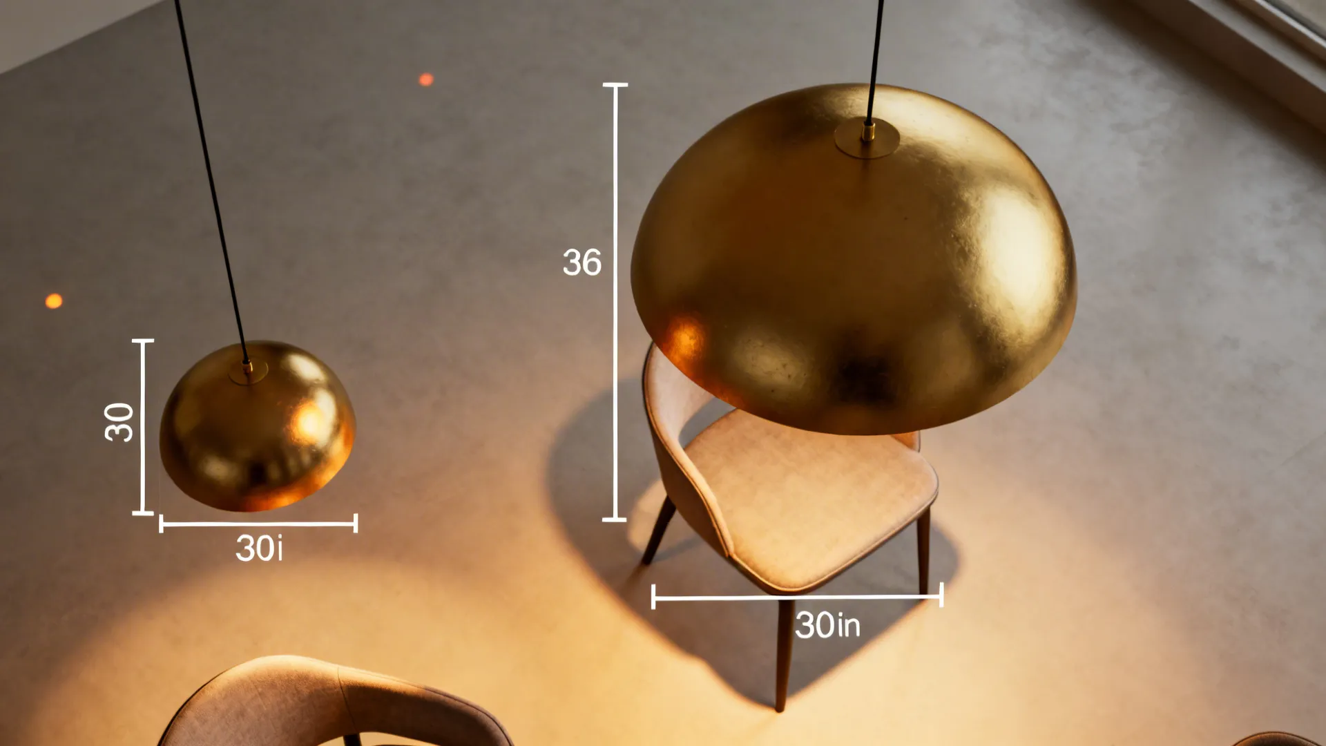 Golden dome ceiling lights hanging above dining chairs with measurement lines showing height and width