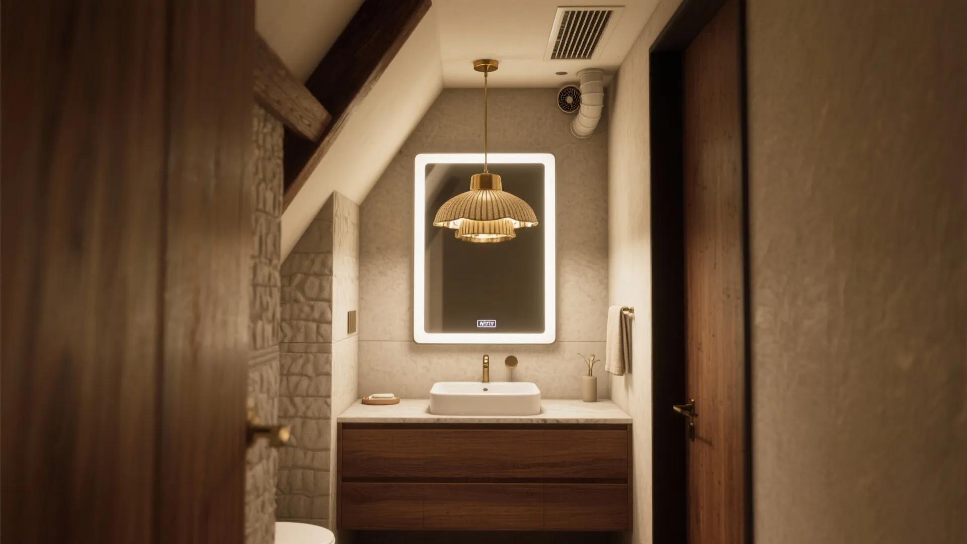 2. Decorative pendant over the vanity + remote inline fan