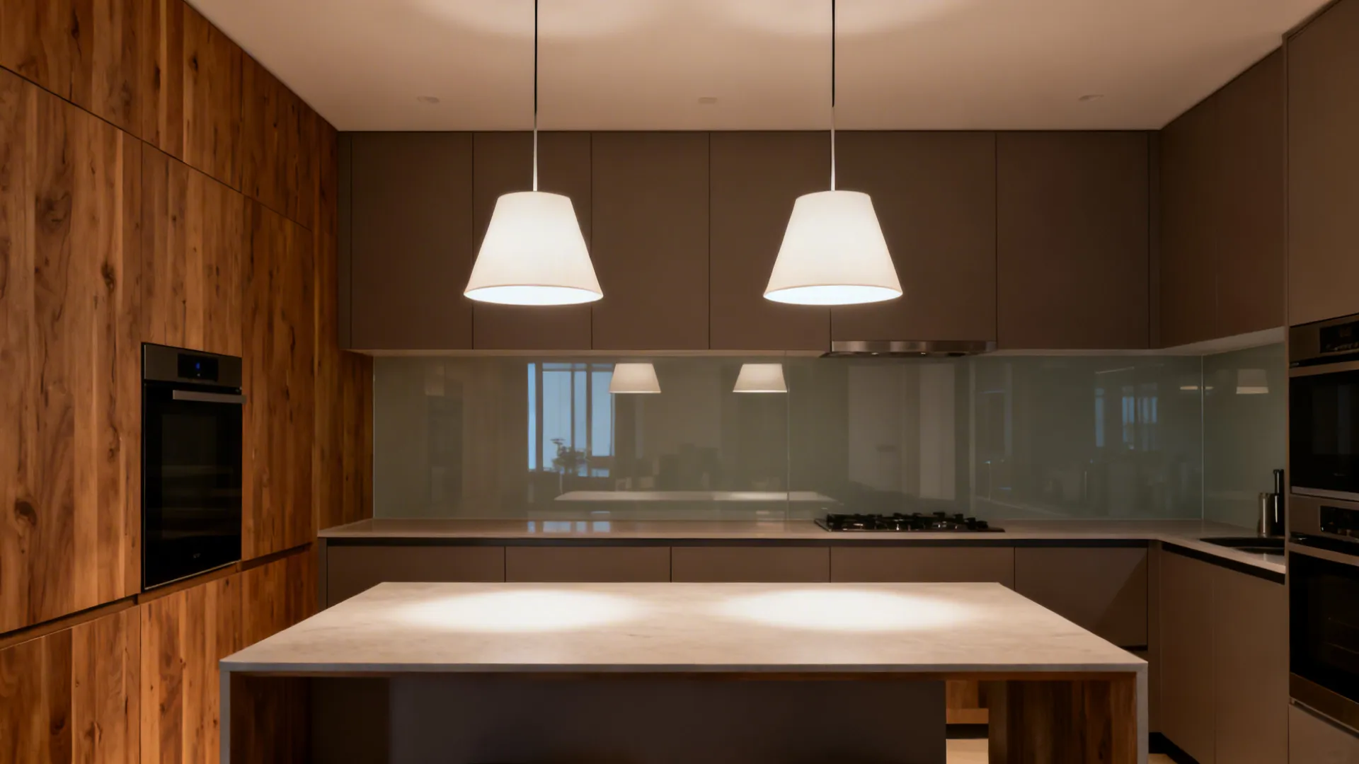 Kitchen island with pendants hung 30–36 inches above, wide diffusers creating soft, even light.