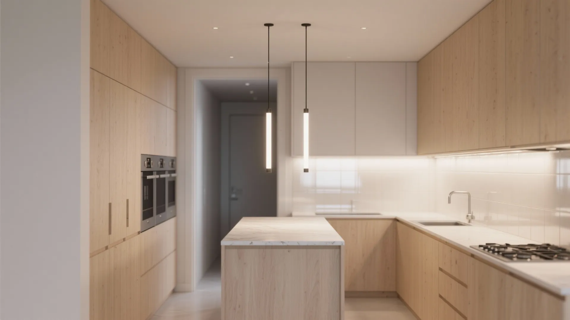 Modern wood kitchen with marble island and two slim vertical ceiling lights in a minimalist home