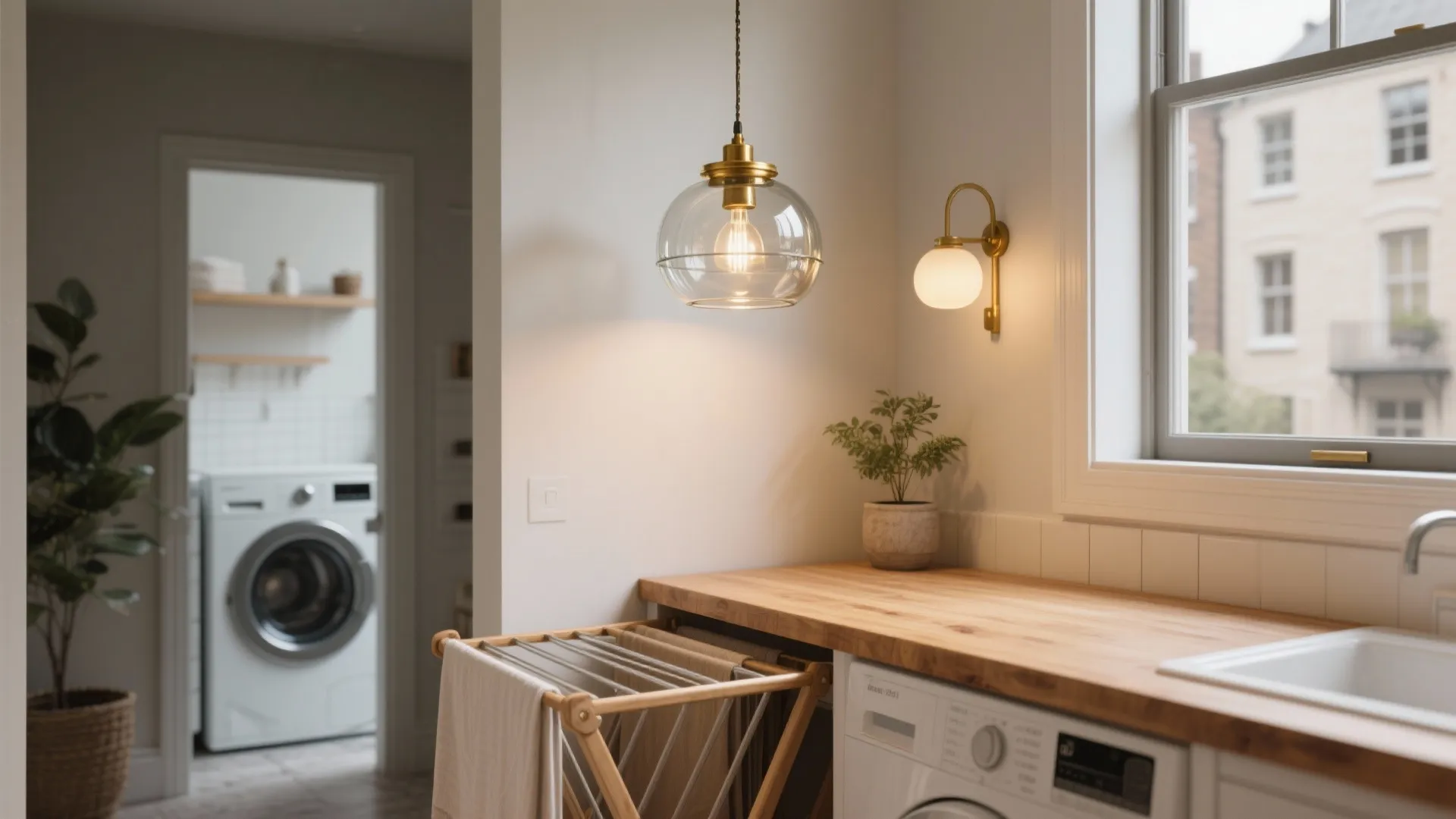 Modern laundry room featuring a wooden countertop glass ceiling light wall light and washing machine